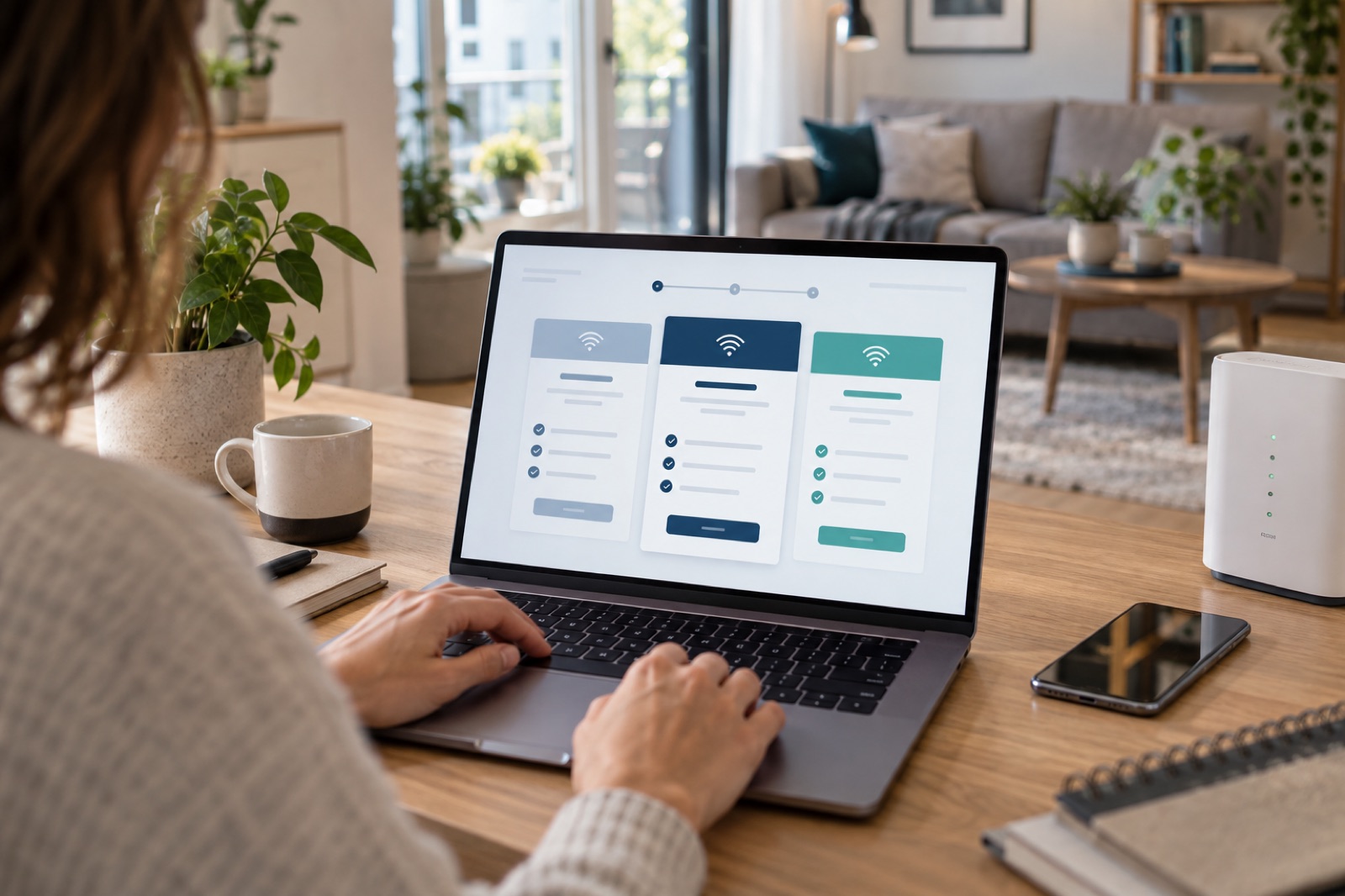 Person vergleicht Internet-Tarife am Laptop
