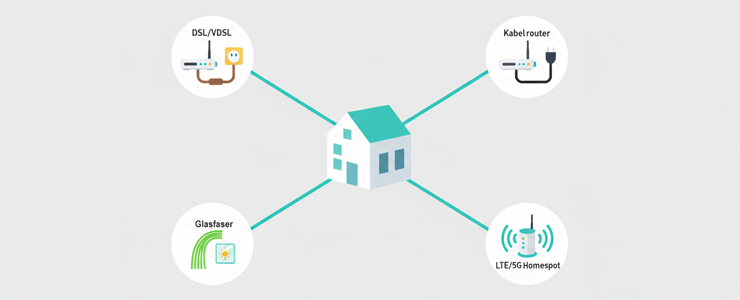 Grafische Übersicht der Möglichkeiten für Internet ohne Telefonanschluss über DSL, Kabel, Glasfaser sowie LTE und 5G Homespot