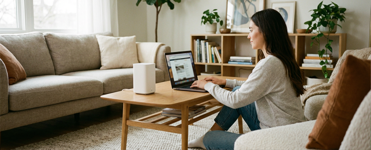 Person nutzt zu Hause das Internet ohne sichtbaren WLAN Router
