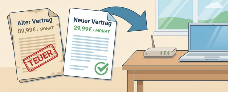 Grafik mit altem teurem Internetvertrag, neuem günstigeren Vertrag und Pfeil als Symbol für den Wechsel