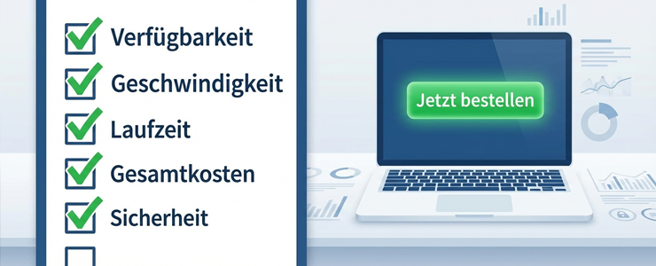 Checkliste mit geprüften Vertragsdetails neben Laptop mit „Jetzt bestellen“-Button