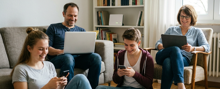 Mehrere Personen nutzen Laptop, Tablet und Smartphone entspannt über WLAN im Wohnzimmer nach erfolgreicher Tarifwahl
