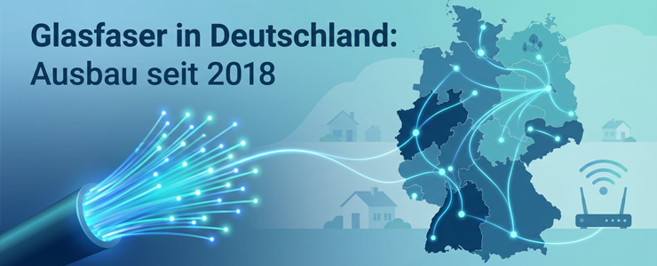 Glasfaserkabel mit leuchtenden Datenströmen vor stilisierter Deutschlandkarte, die den Ausbau schneller Internetanschlüsse in Städten und ländlichen Regionen zeigt.
