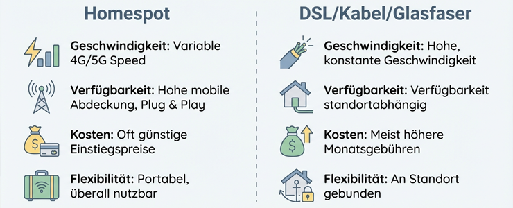 Infografik mit Gegenüberstellung von Homespot und klassischem Internetanschluss nach Geschwindigkeit, Verfügbarkeit, Kosten und Flexibilität