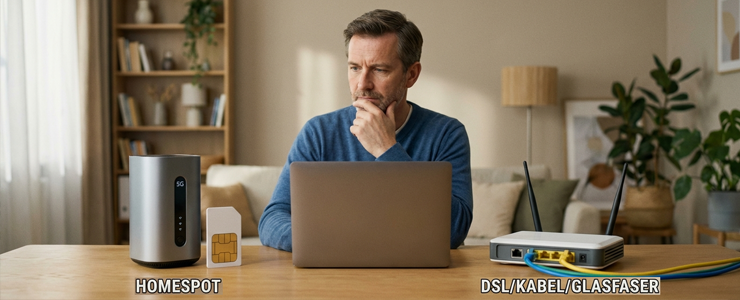 Person überlegt zwischen Homespot-Router und klassischem Internetanschluss vor einem Laptop