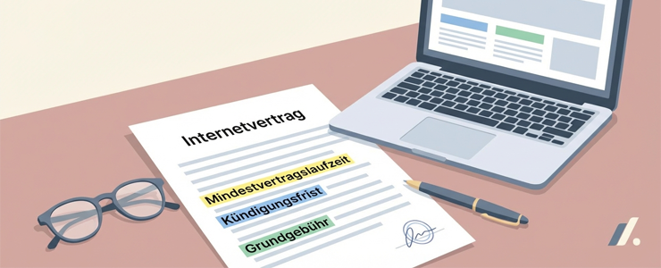 Grafik mit Internetvertrag, in dem Laufzeit, Kündigungsfrist und Kosten markiert sind