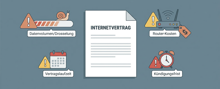 Grafik mit typischen Stolperfallen bei Internettarifen wie Datenvolumen, Drosselung, Router-Kosten und Vertragslaufzeit